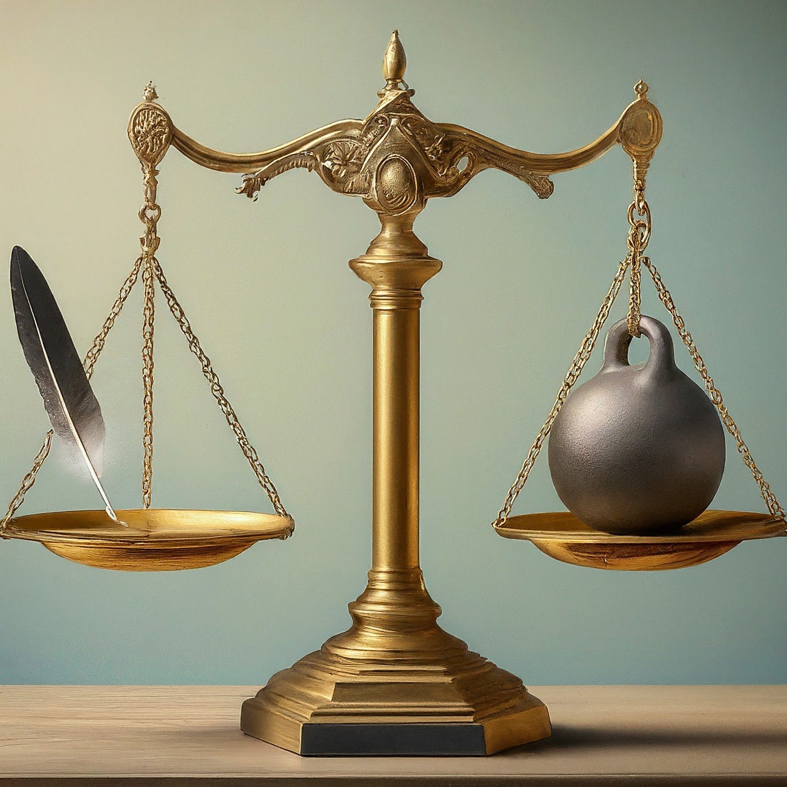 Image of A golden scale balancing a feather and a weight: This image uses a classic symbol of justice, the scale. One side holds a feather, representing the lightness and sincerity of a genuine apology. The other side holds a heavy weight, symbolizing the burden caused by the offense. The balanced scale suggests that a sincere apology can restore equilibrium in the relationship.