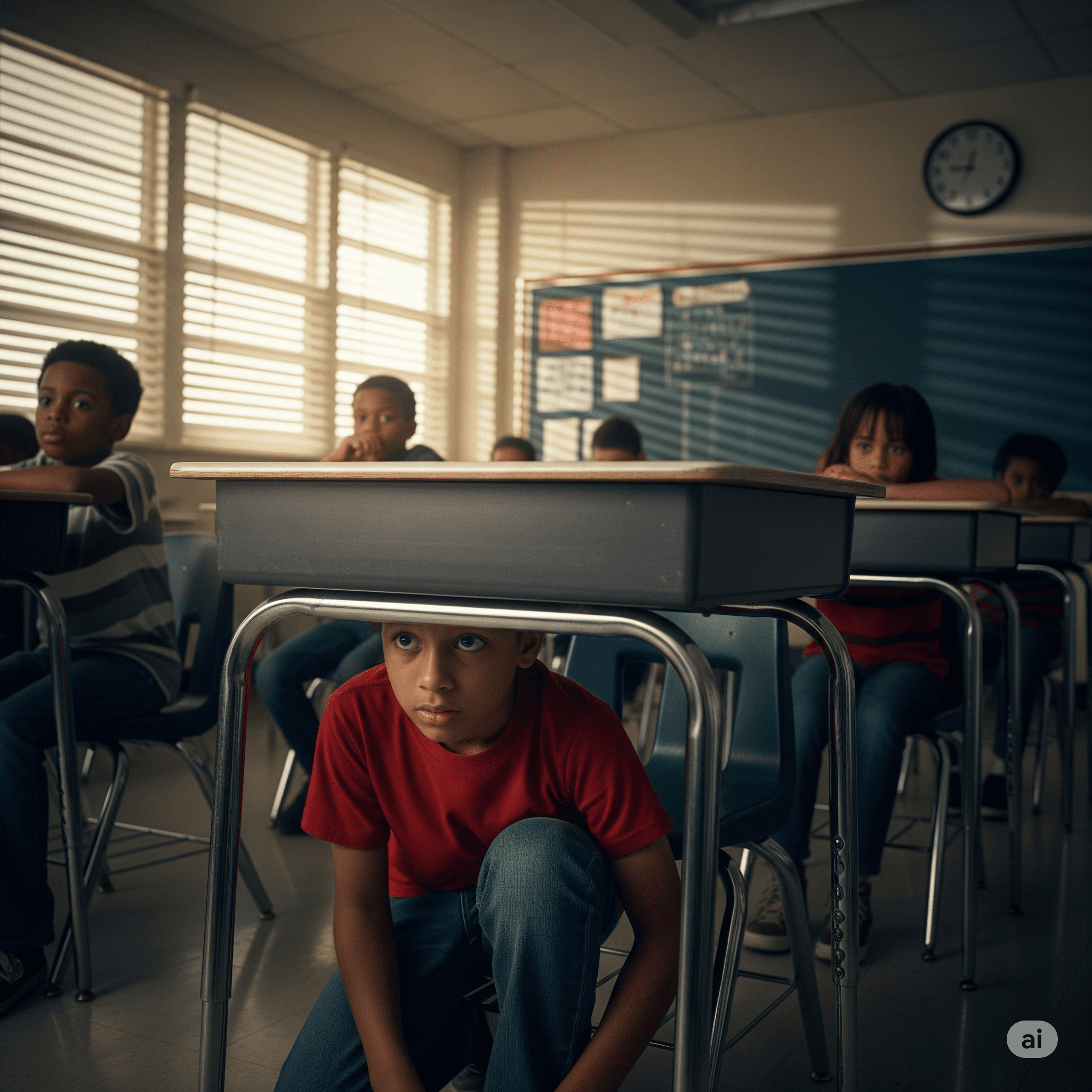 Image of children hiding under a desk in a classroom with jalousie windows