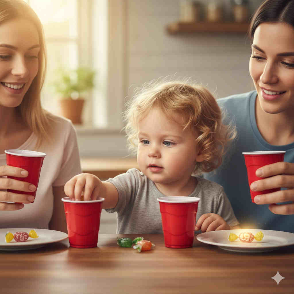 Child sharing candy with parents
